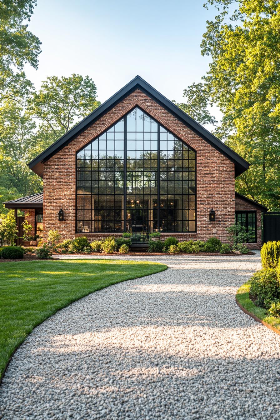 Modern barn house with large glass facade surrounded by greenery