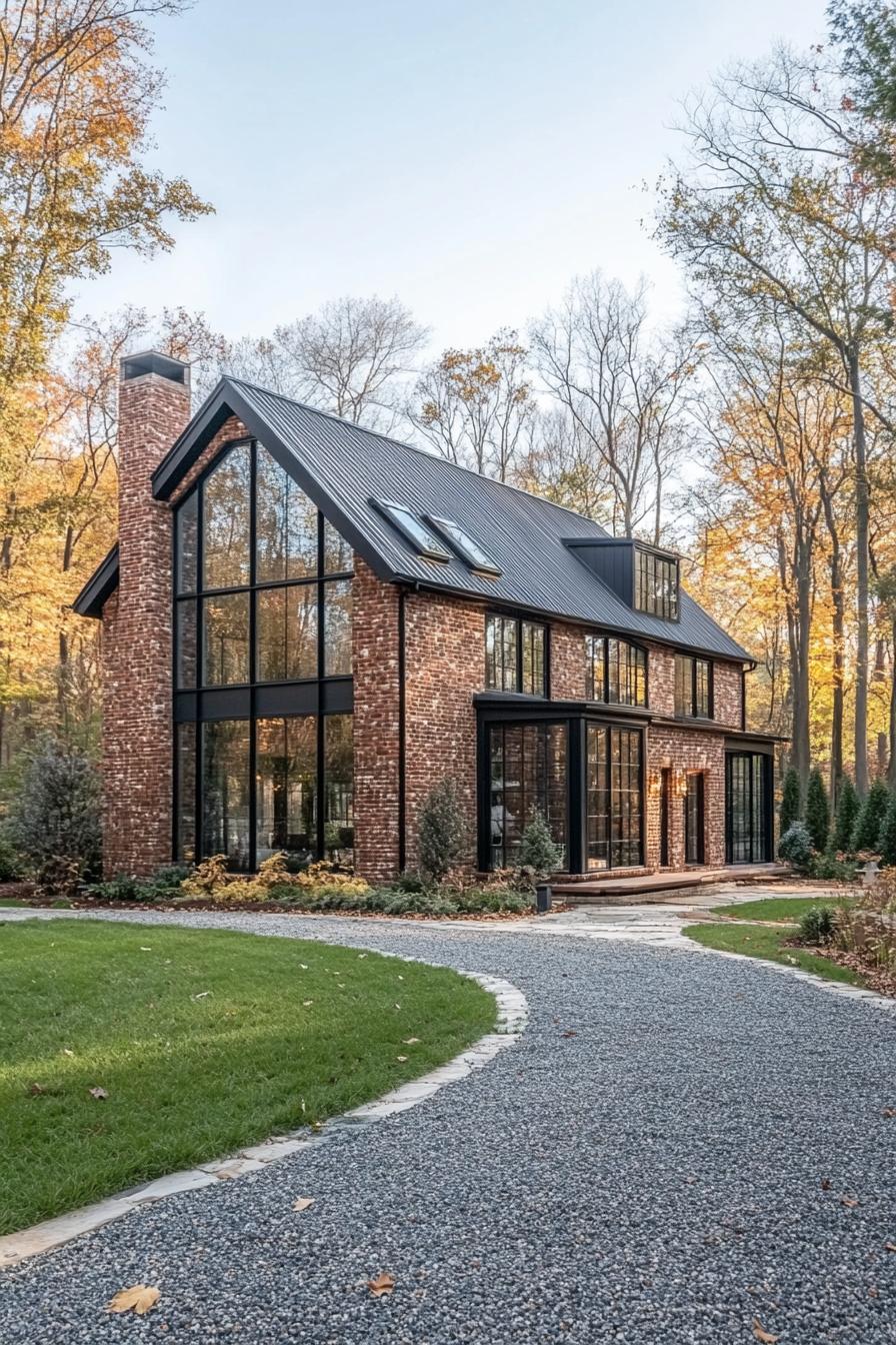 Modern barn house with large windows and brick design in an autumn setting