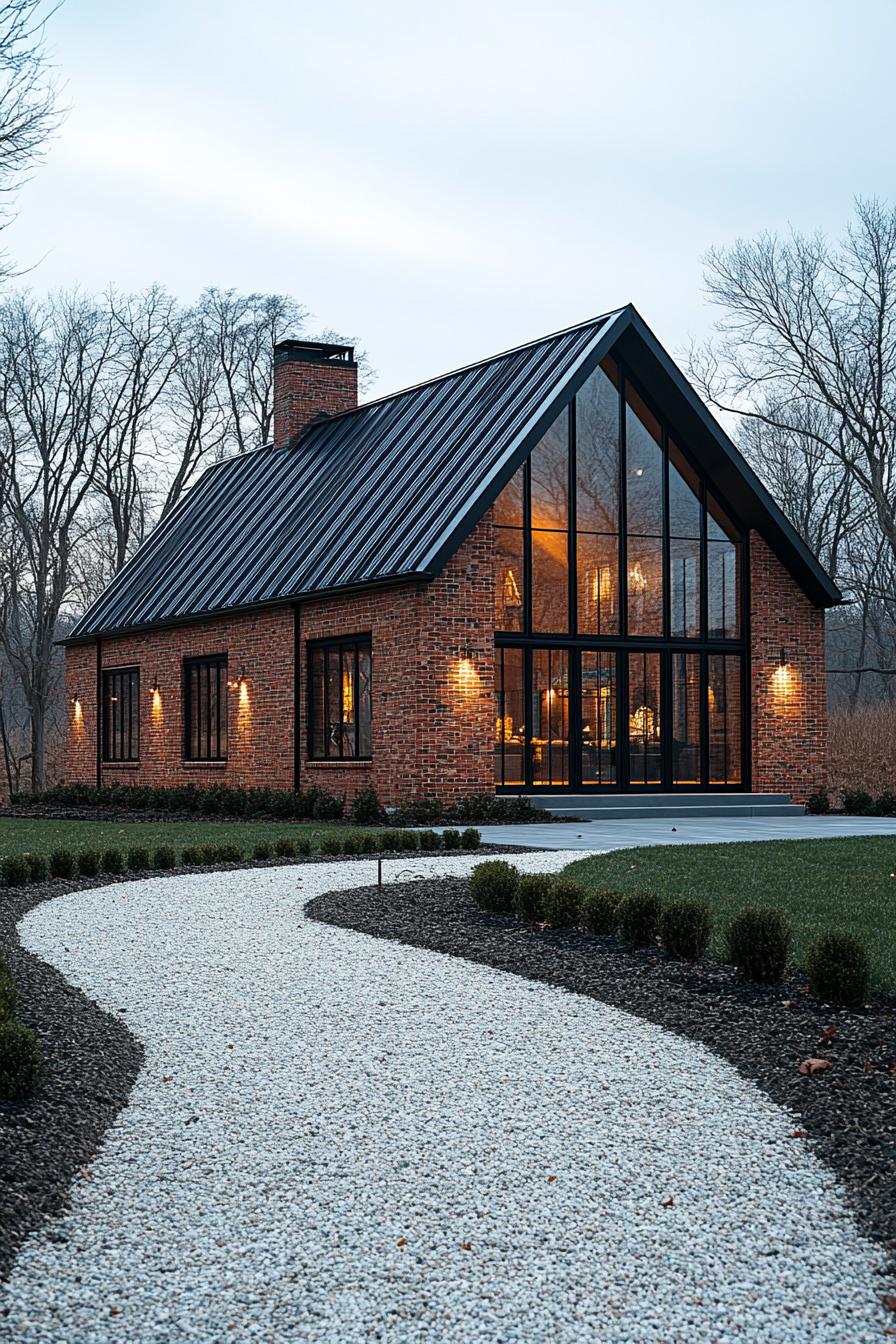 Modern barn house with glass front and brick exterior