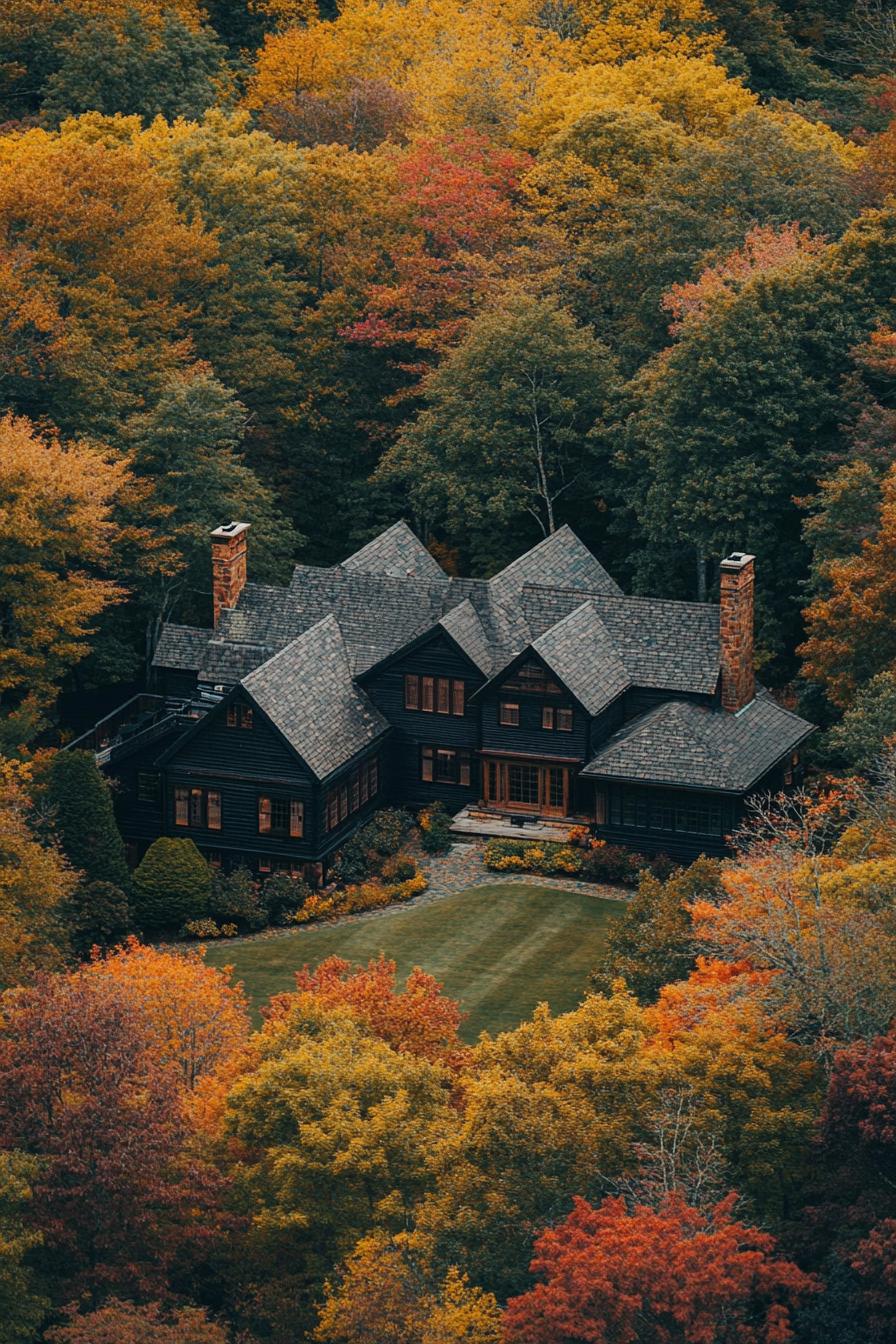 Dark wooden house surrounded by vibrant autumn trees