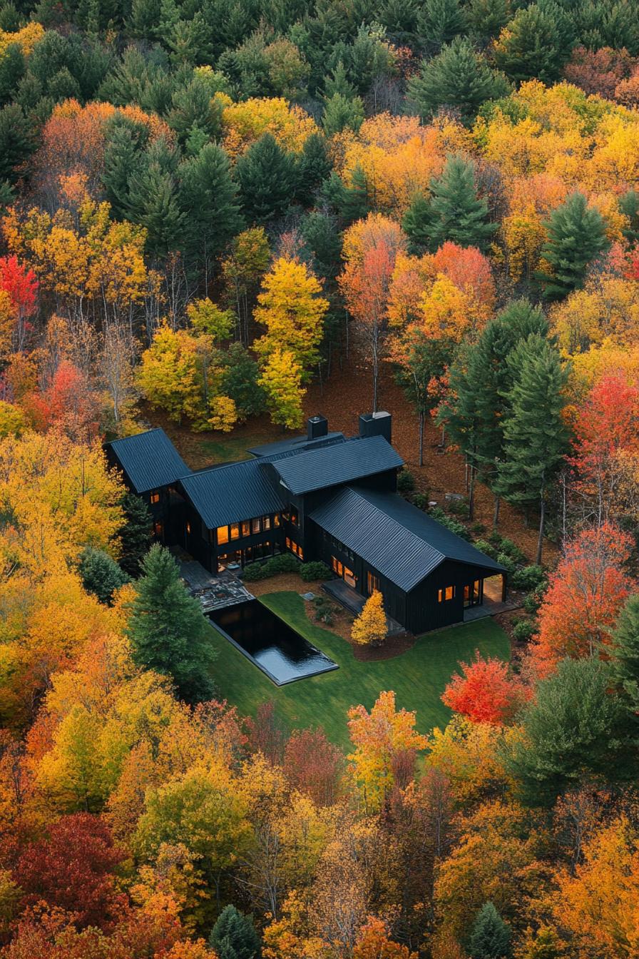 Modern black mansion surrounded by vibrant autumn foliage