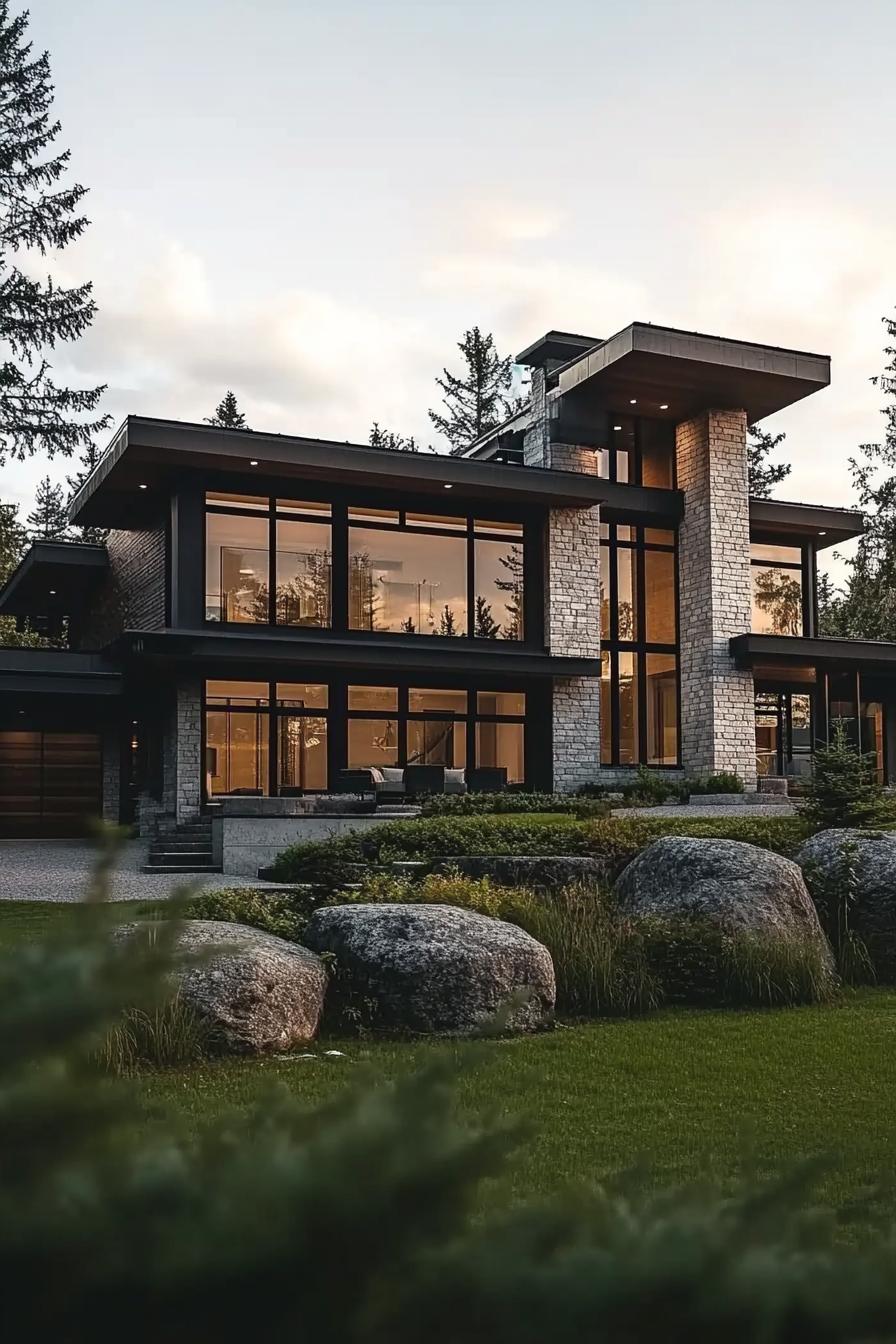 modern mansion geometric facade made of blocks tall glass windows mixed siding in dark and white textures large eaves landscape with grass and 1