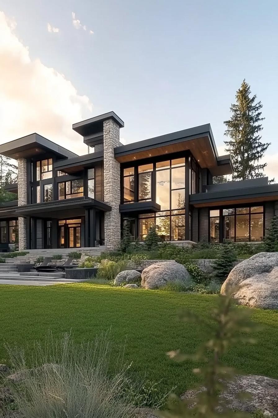 modern mansion geometric facade made of blocks tall glass windows mixed siding in dark and white textures large eaves landscape with grass and 2