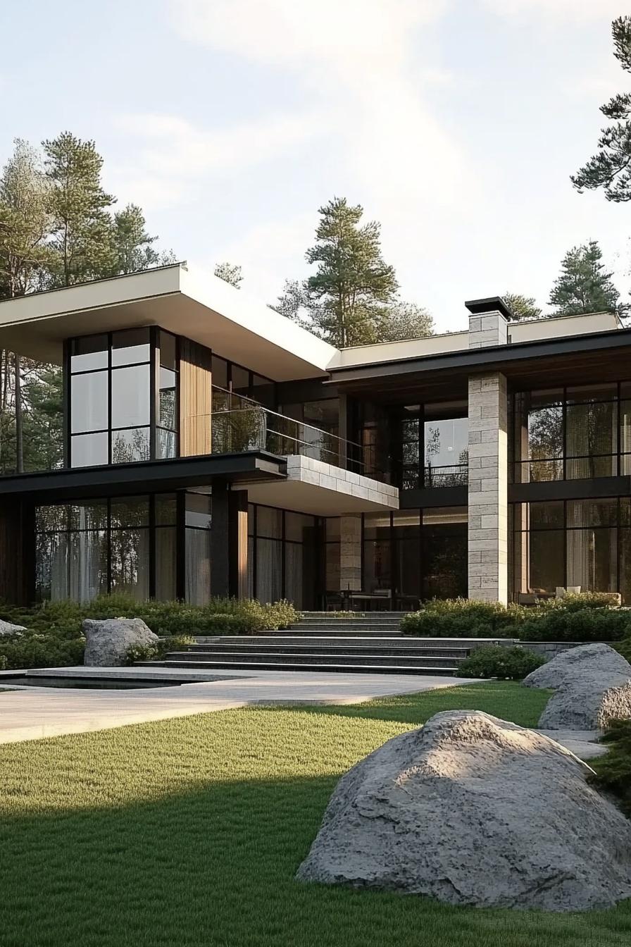 modern mansion geometric facade made of blocks tall glass windows mixed siding in dark and white textures large eaves landscape with grass and 3