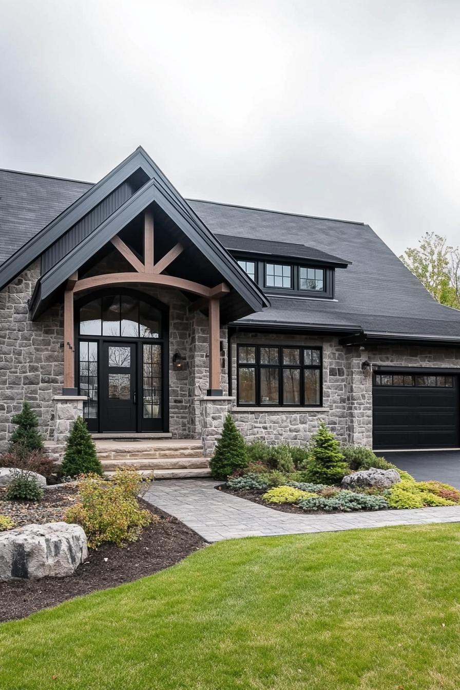 Rustic stone house with black accents and manicured lawn