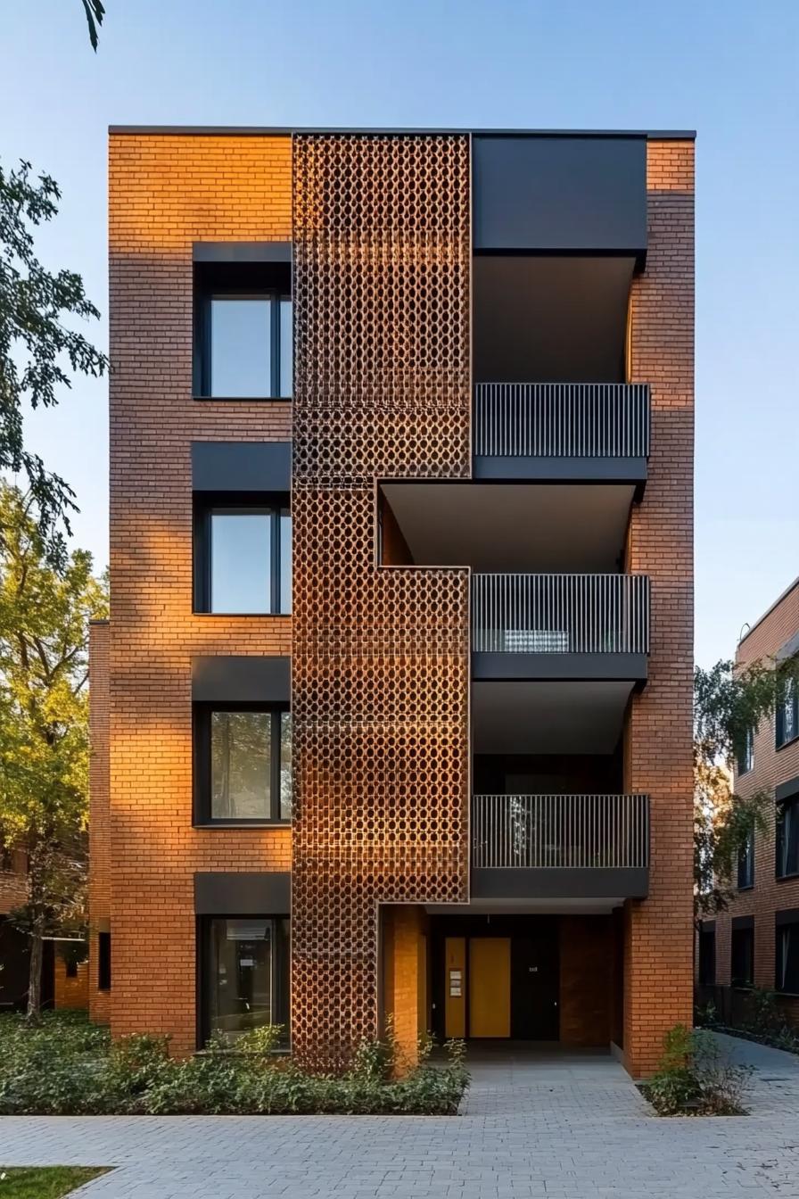 modern residential building facade with front wall in pattern metal mesh