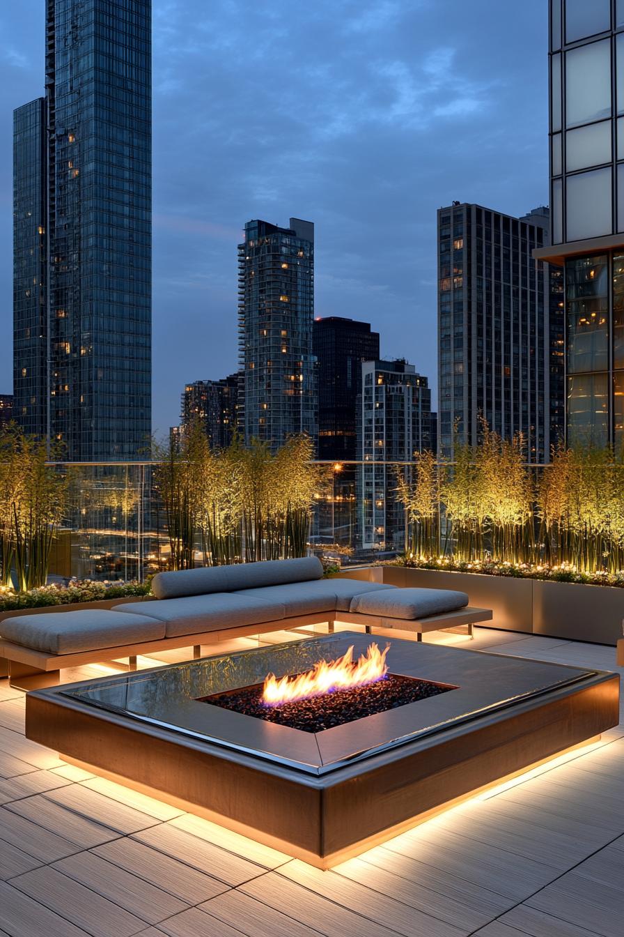 modern rooftop terrace with glass railings modern cushioned furniture LED lighting gas firepit blossoming flower beds glass building a bed with 1