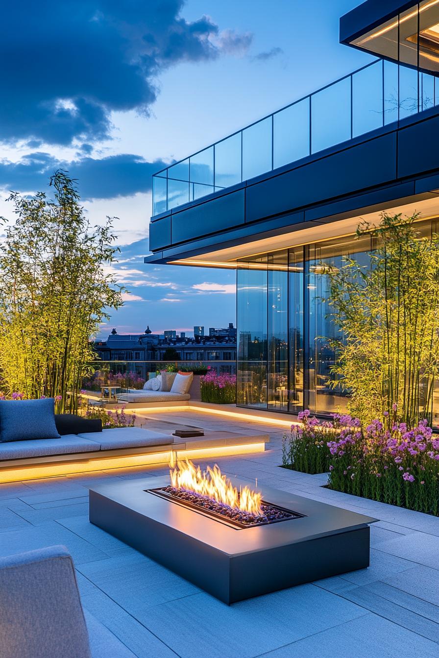 modern rooftop terrace with glass railings modern cushioned furniture LED lighting gas firepit blossoming flower beds glass building a bed with 3