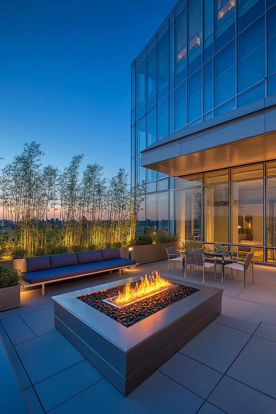 modern rooftop terrace with glass railings modern cushioned furniture LED lighting gas firepit blossoming flower beds glass building a bed with