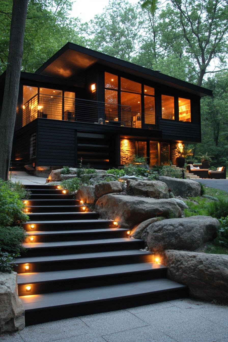 modern split level home with stairs to porch LED lit steps boulders on slope black house siding modern black roof large modern windows balcony 1