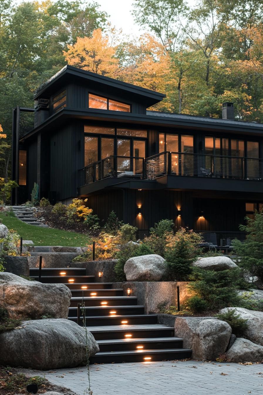 modern split level home with stairs to porch LED lit steps boulders on slope black house siding modern black roof large modern windows balcony 2