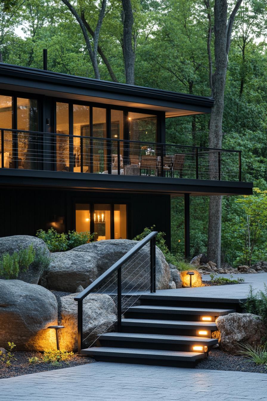 modern split level home with stairs to porch LED lit steps boulders on slope black house siding modern black roof large modern windows balcony