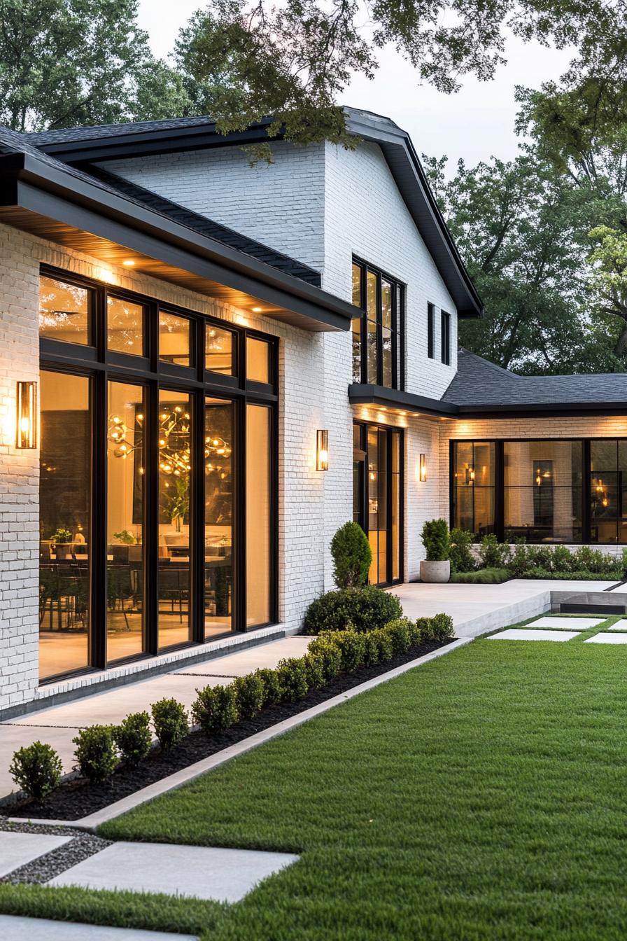 modern villa design with slate brick siding and white and black trim full wall modern windows LED trim lighting landscaping with concrete lawn 1