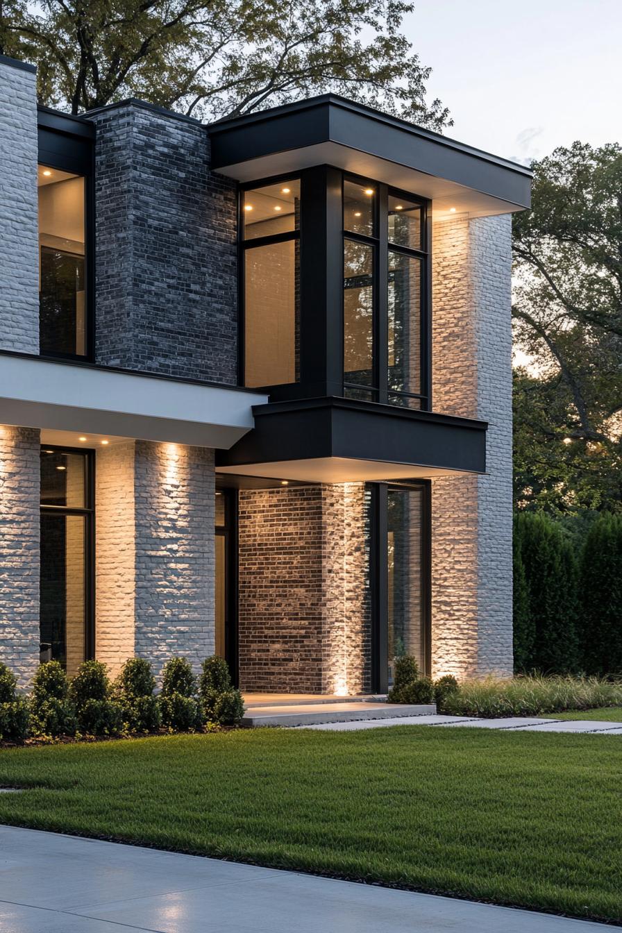 modern villa design with slate brick siding and white and black trim full wall modern windows LED trim lighting landscaping with concrete lawn 2