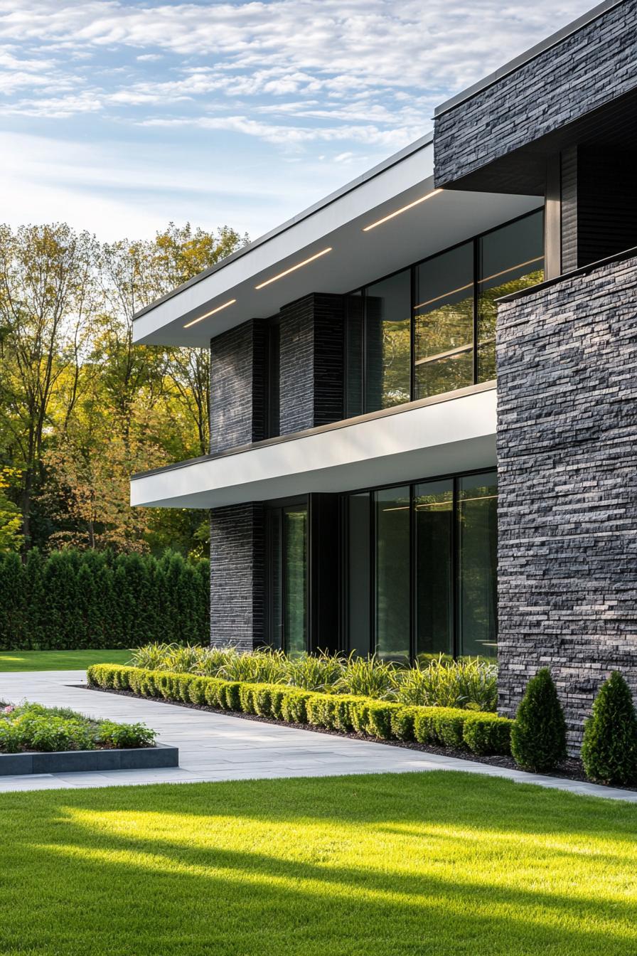 modern villa design with slate brick siding and white and black trim full wall modern windows LED trim lighting landscaping with concrete lawn