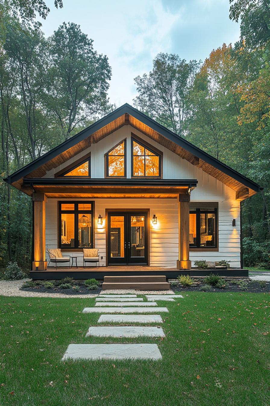 A modern cabin with large windows and a welcoming porch amid a forest