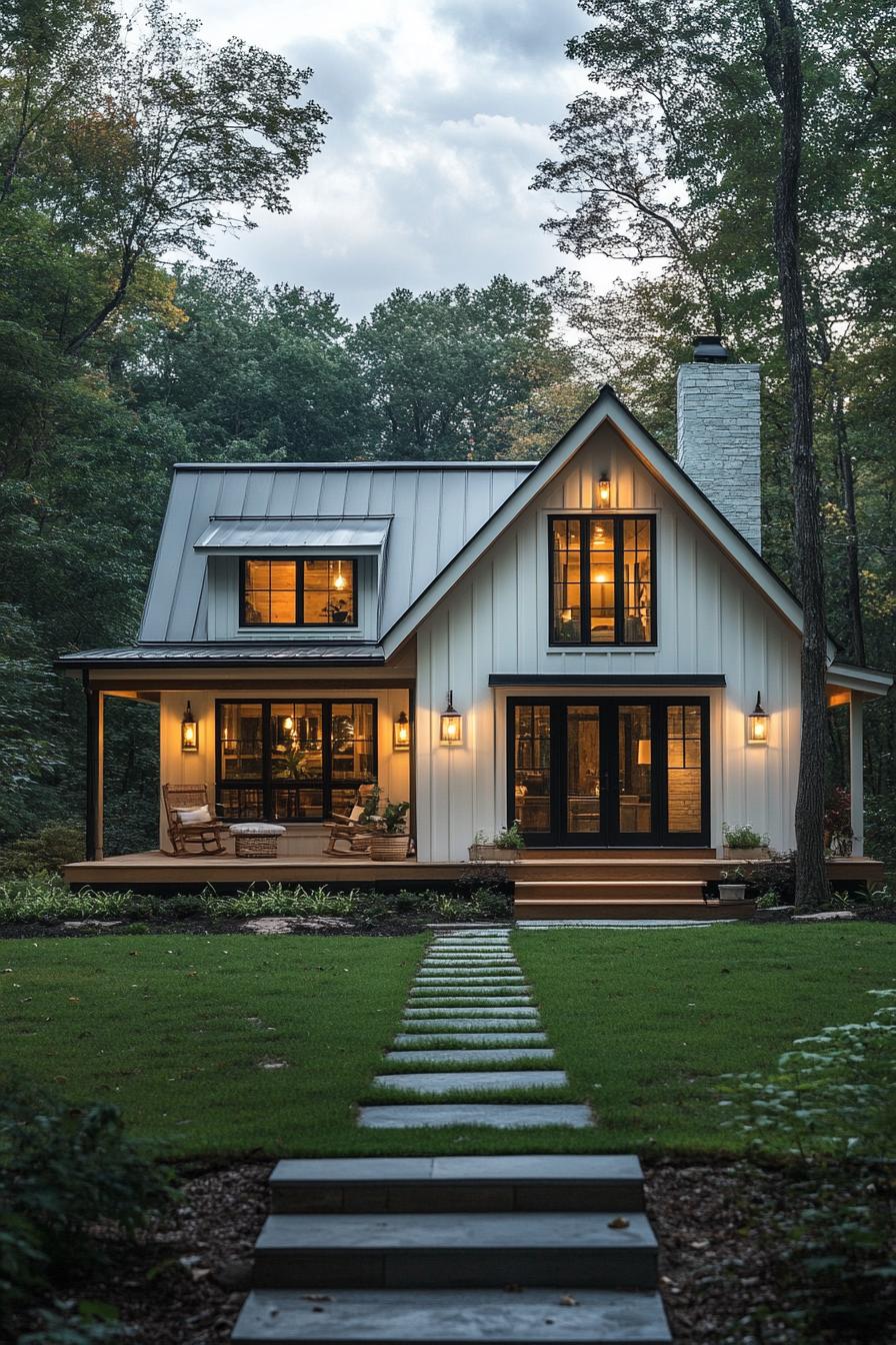 A quaint cabin with a warm, glowing interior nestled among trees