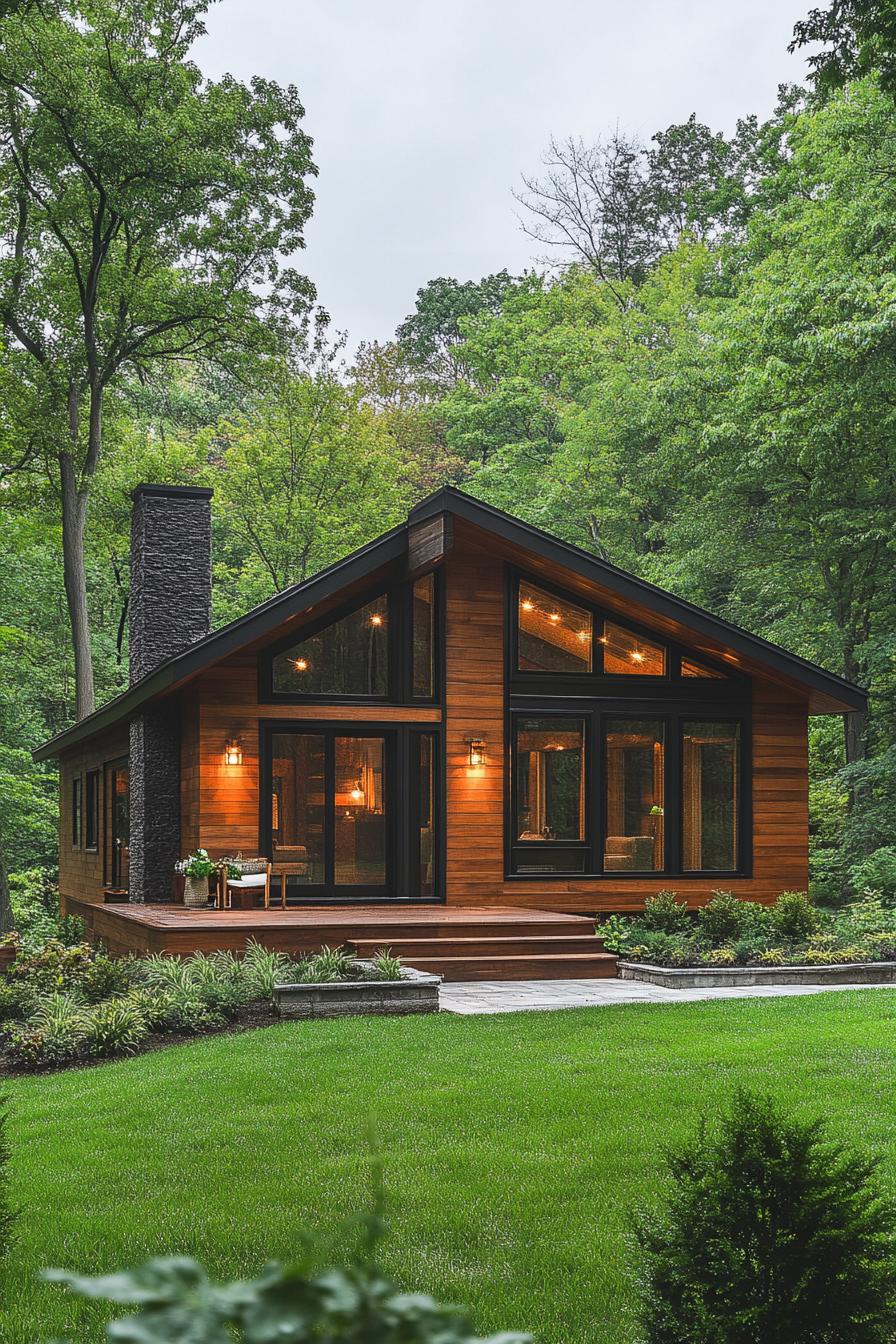 Modern cabin with a wooden deck surrounded by lush greenery