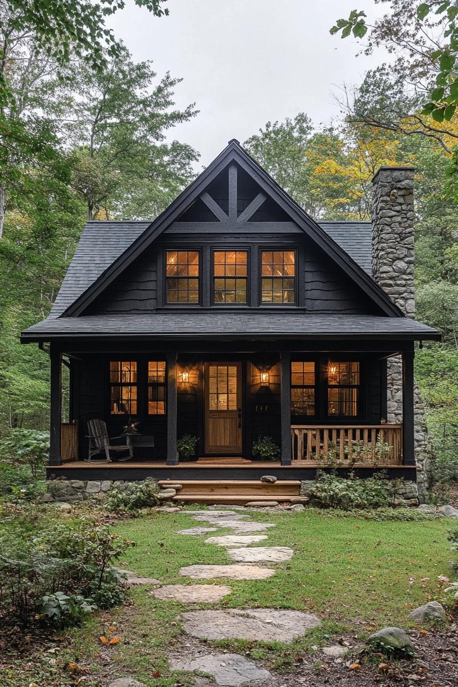 A rustic cabin with a stone chimney and a welcoming porch