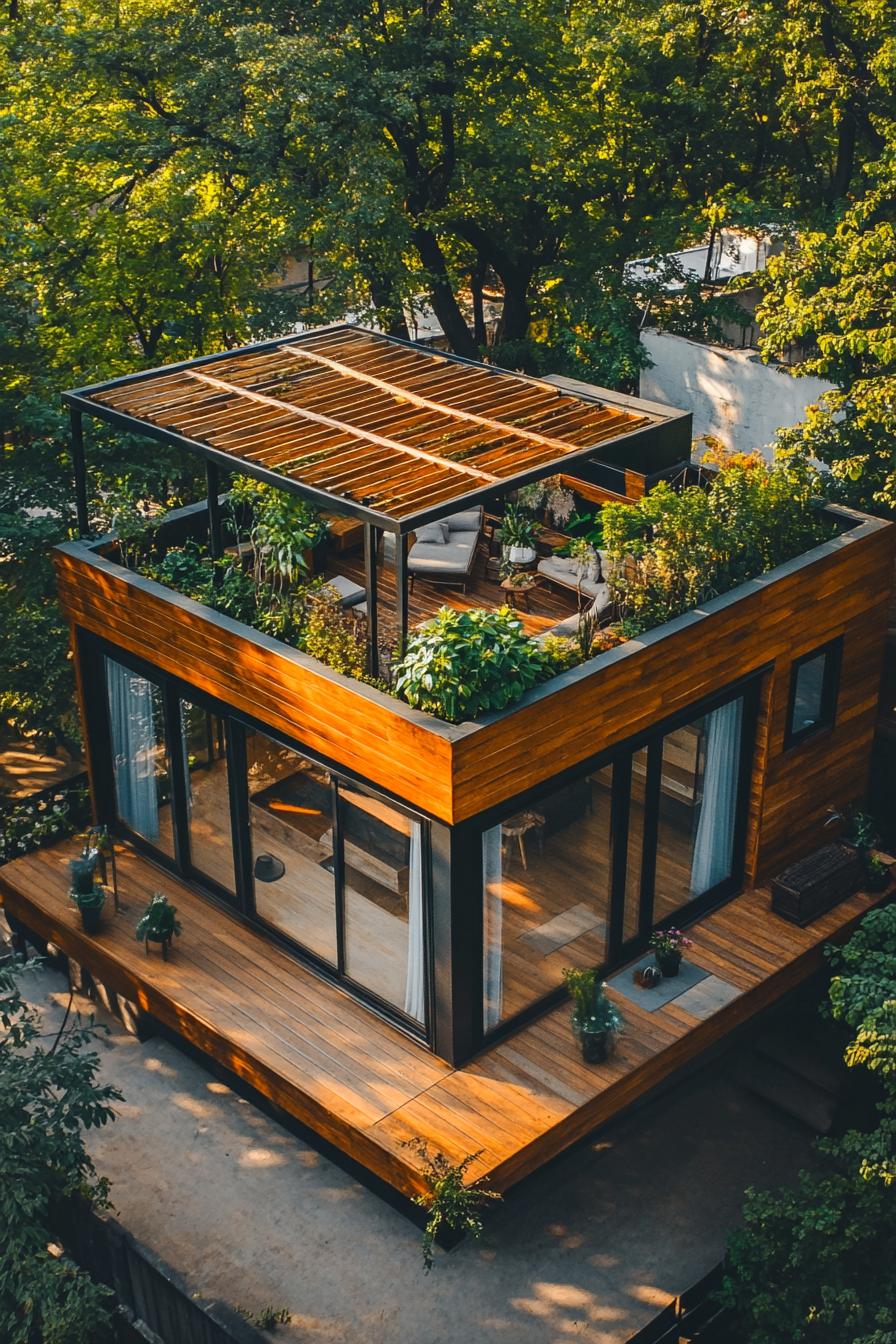 top view of a tiny luxury modern cube house with tiny deck rooftop deck with pergola with plants and outdoor chairs luxury aesthetic v 6.1 1