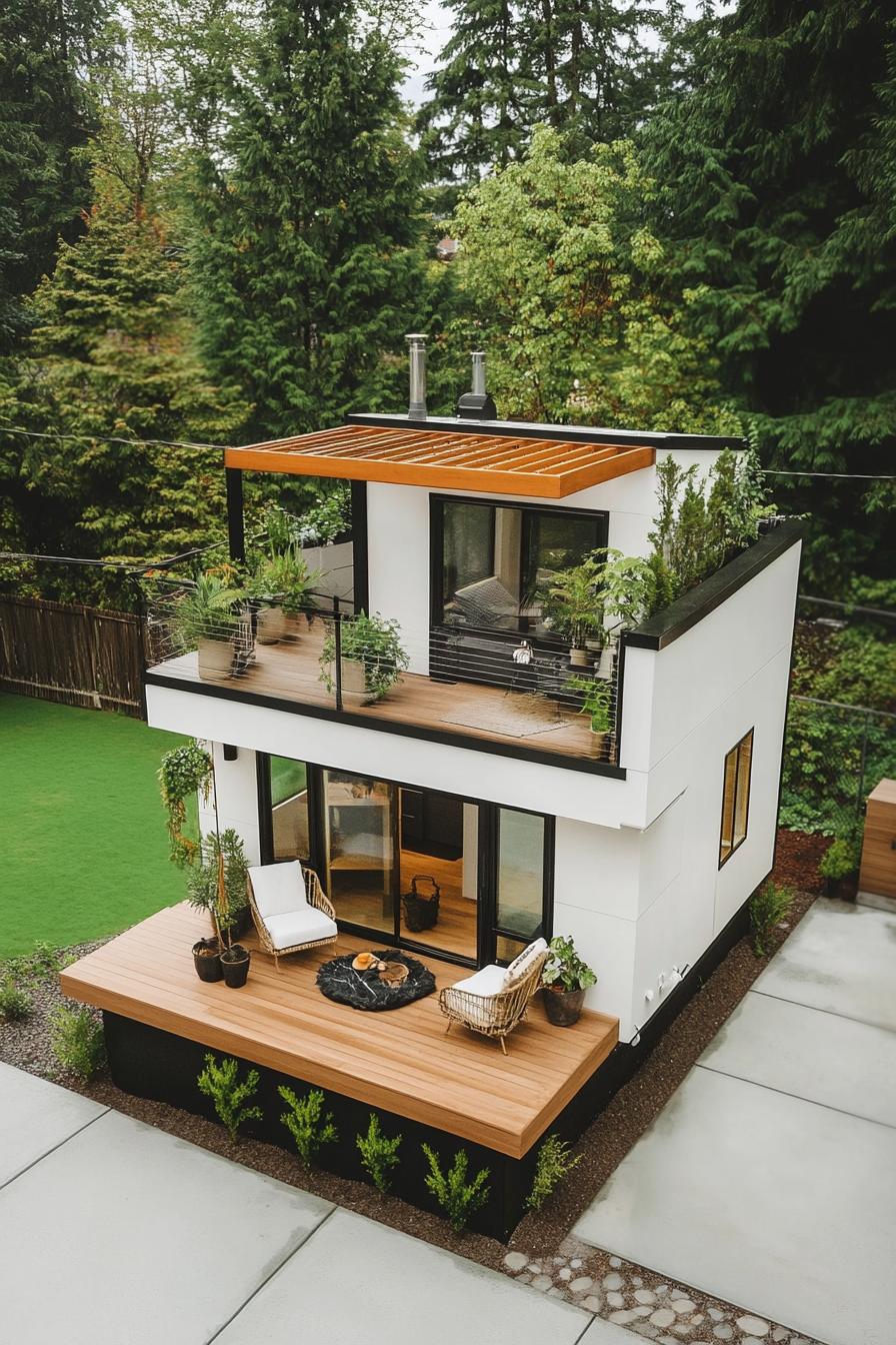 top view of a tiny luxury modern cube house with tiny deck rooftop deck with pergola with plants and outdoor chairs luxury aesthetic v 6.1 2