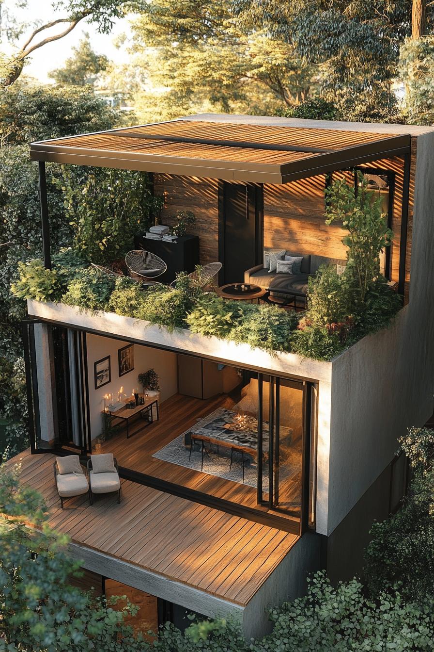 top view of a tiny luxury modern cube house with tiny deck rooftop deck with pergola with plants and outdoor chairs luxury aesthetic v 6.1