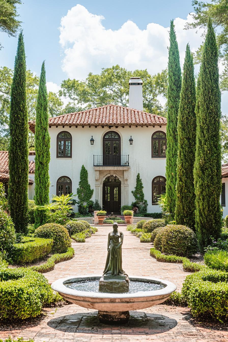 white spanish house yard garden with italian cypress shrubs and central fountain with a statue of a roman goddess v 6.1