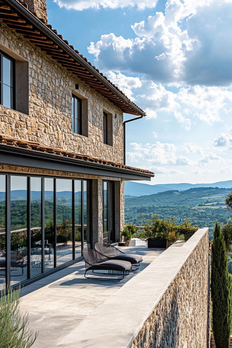 Tuscan stone house with modern windows and siliding doors concrete patio overlooking stunning Tuscany hills 1