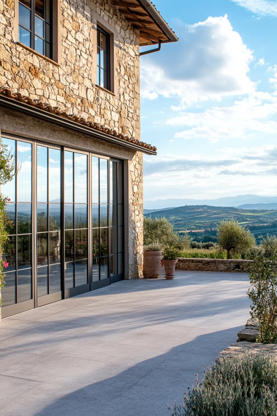 Tuscan stone house with modern windows and siliding doors concrete patio overlooking stunning Tuscany hills 2