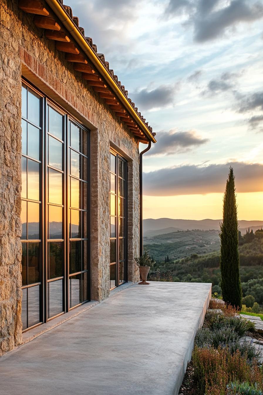 Tuscan stone house with modern windows and siliding doors concrete patio overlooking stunning Tuscany hills