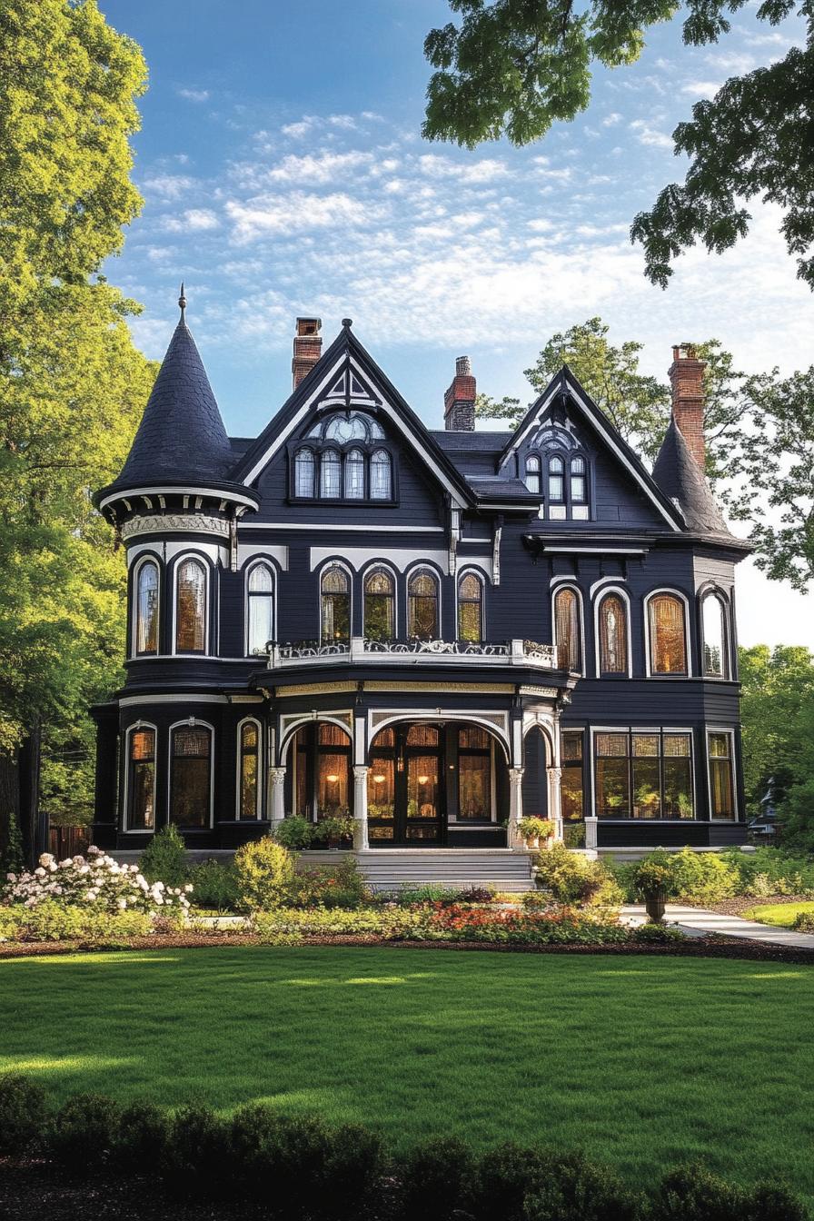 Victorian mansion with dark facade with white ornate embellishments arched wndows black roof with turrets 1