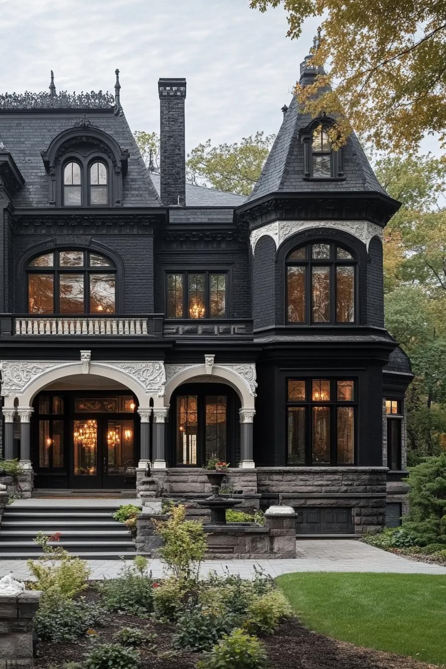 Victorian mansion with dark facade with white ornate embellishments arched wndows black roof with turrets 2