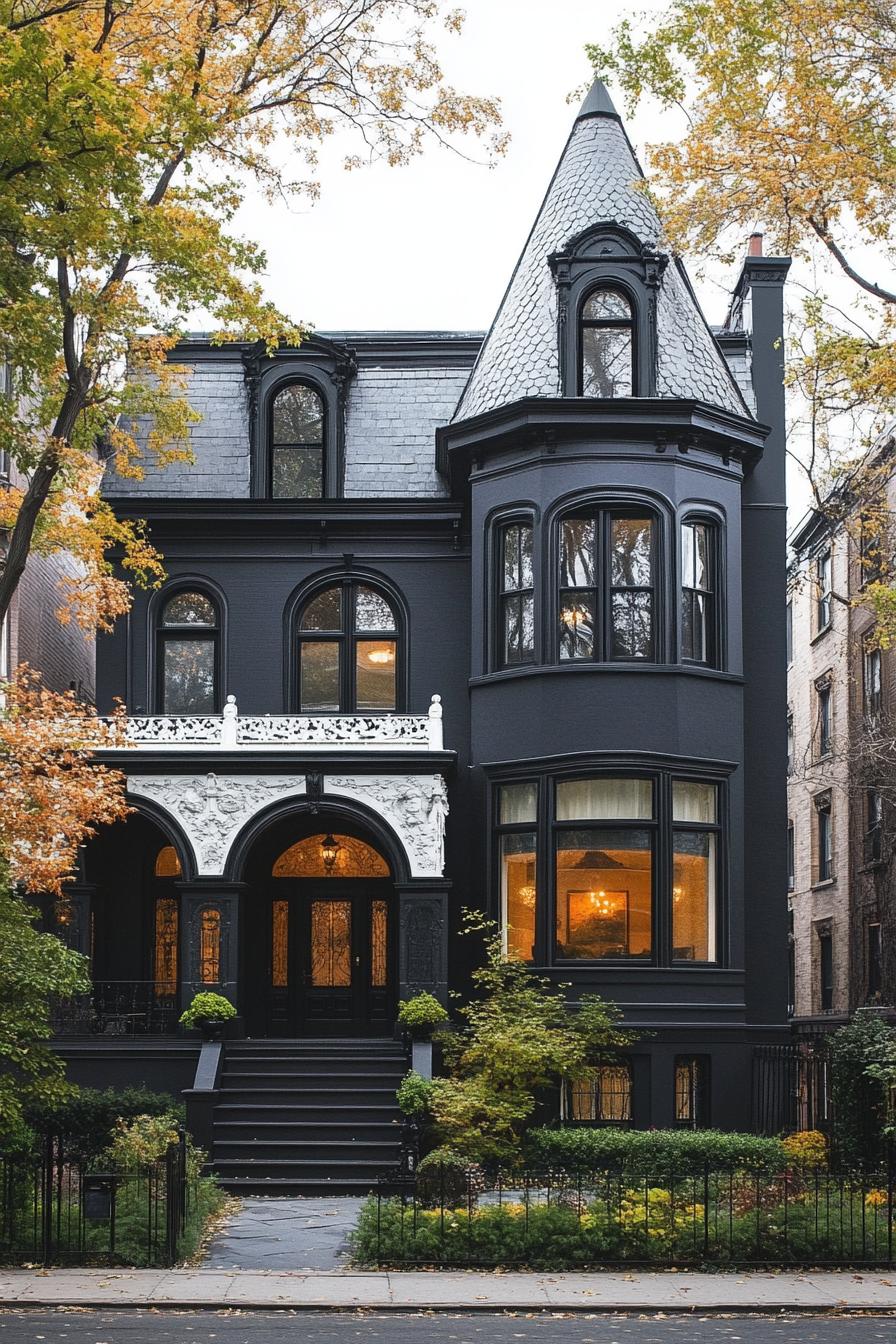 Victorian mansion with dark facade with white ornate embellishments arched wndows black roof with turrets 3