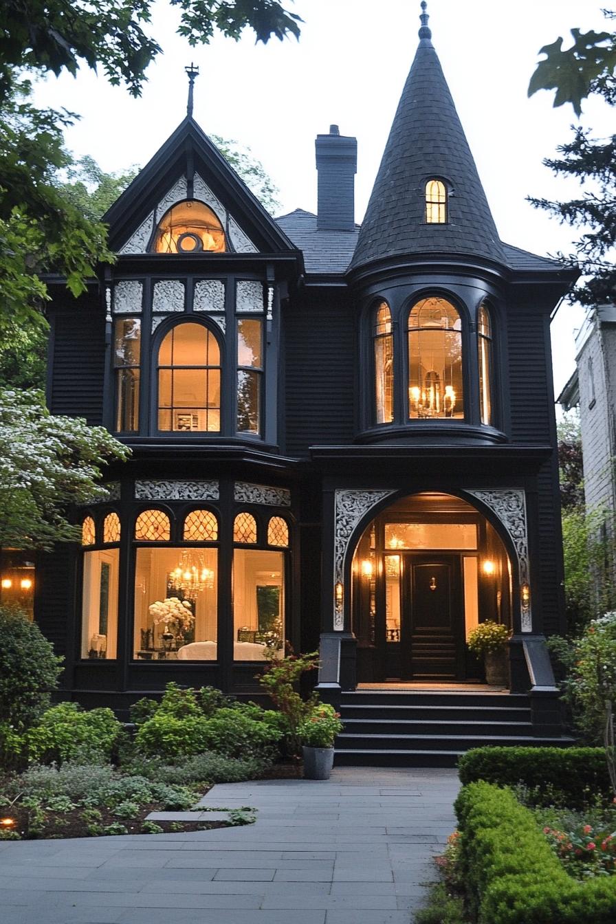 Victorian mansion with dark facade with white ornate embellishments arched wndows black roof with turrets