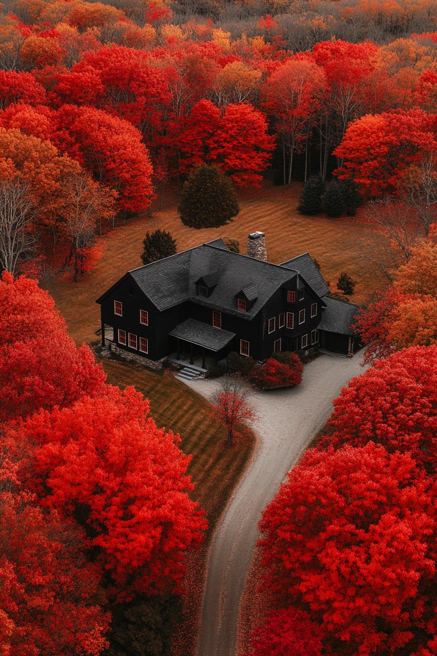 Large dark house surrounded by vivid autumn trees