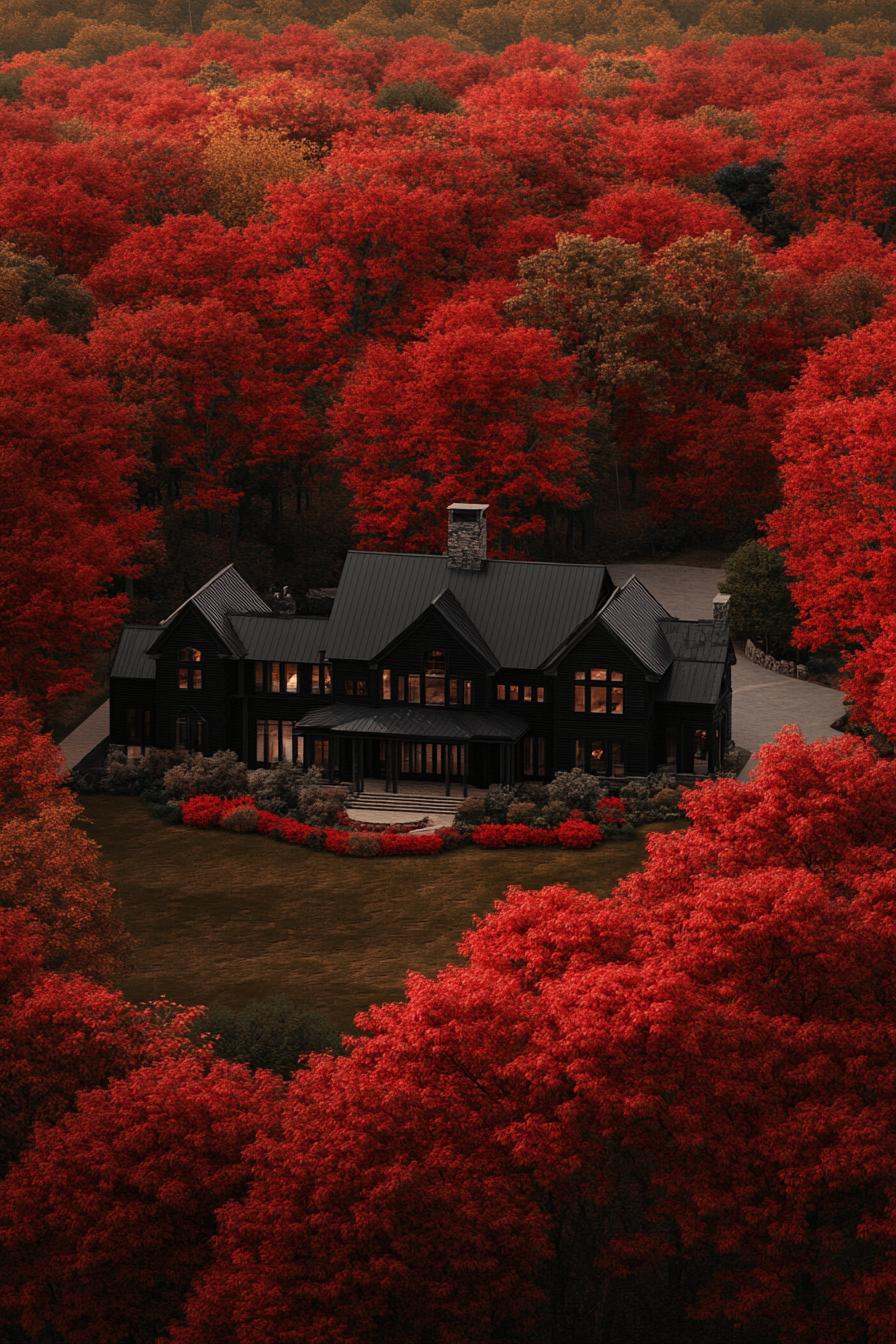 Dark house surrounded by vibrant red autumn trees