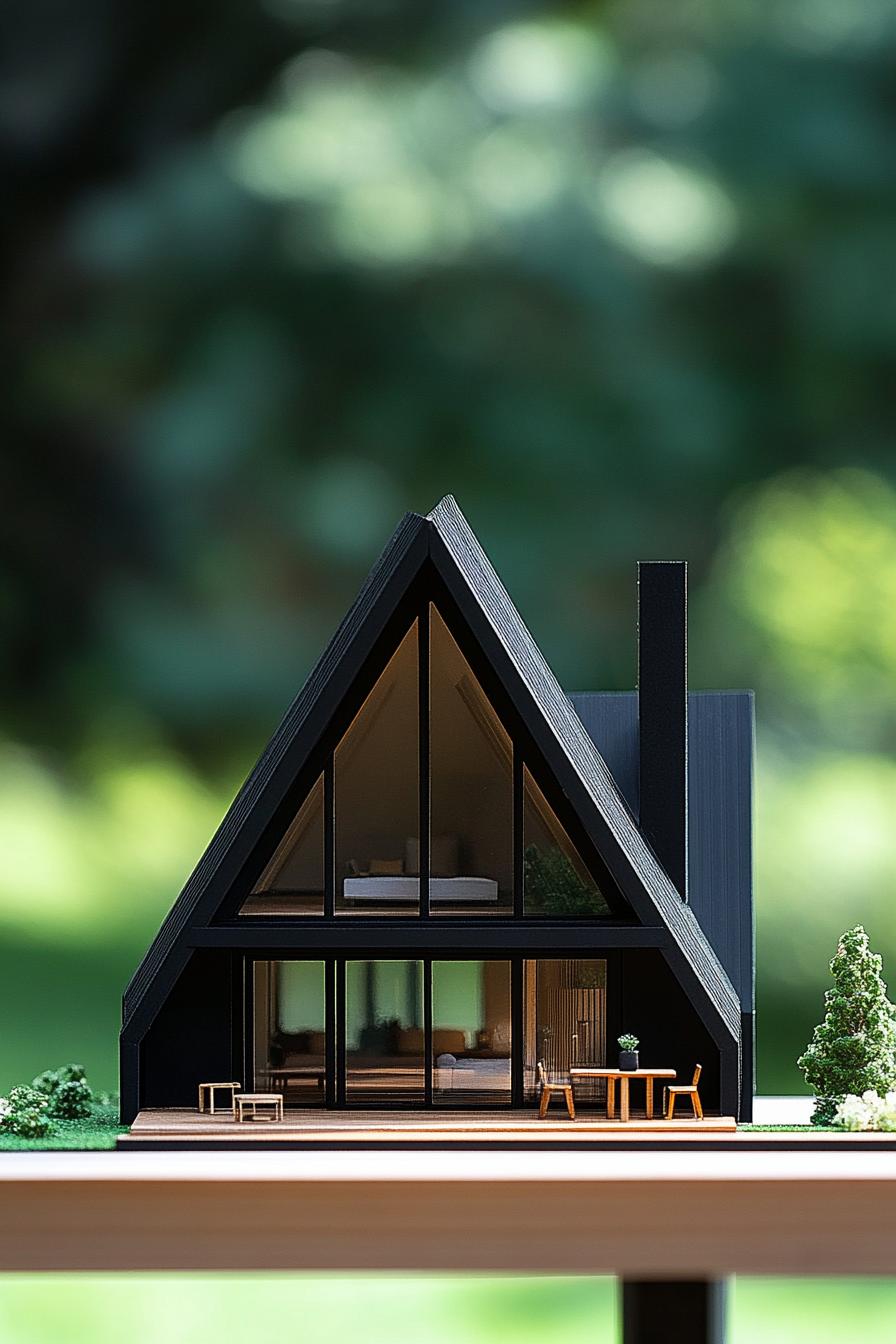 architecture model of a black A frame house with large deck and terrace green background 1