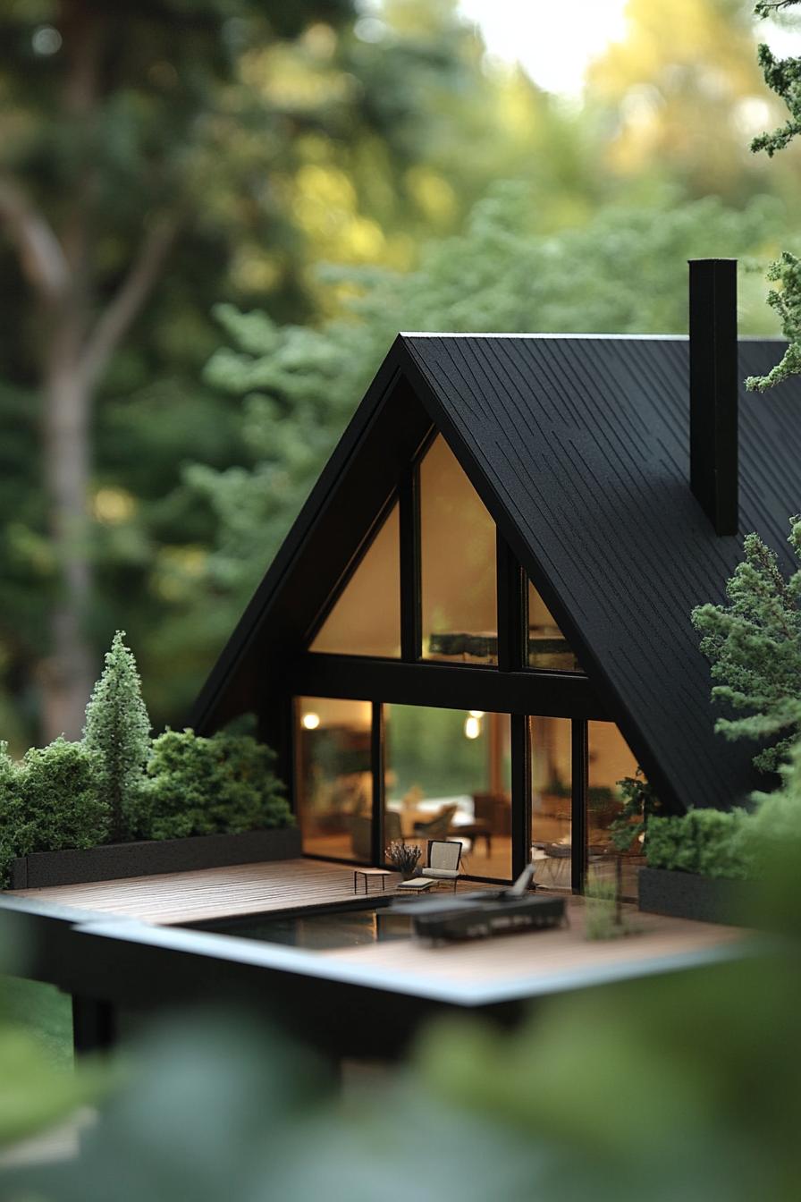 architecture model of a black A frame house with large deck and terrace green background