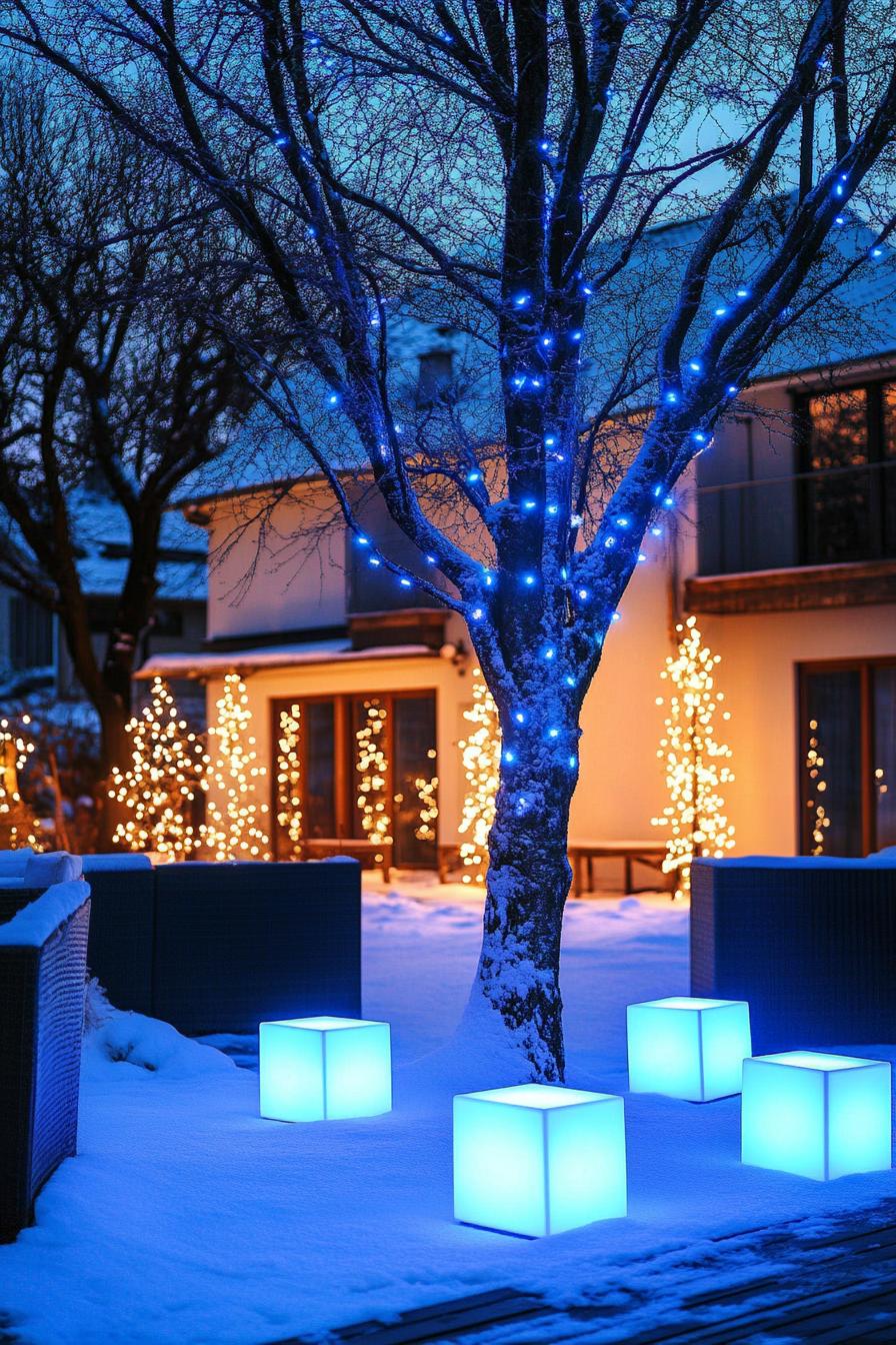 backyard in winter there are modern LED blue light cubes arranged on the ground a large tree with fairy lights no cushions v 6.1