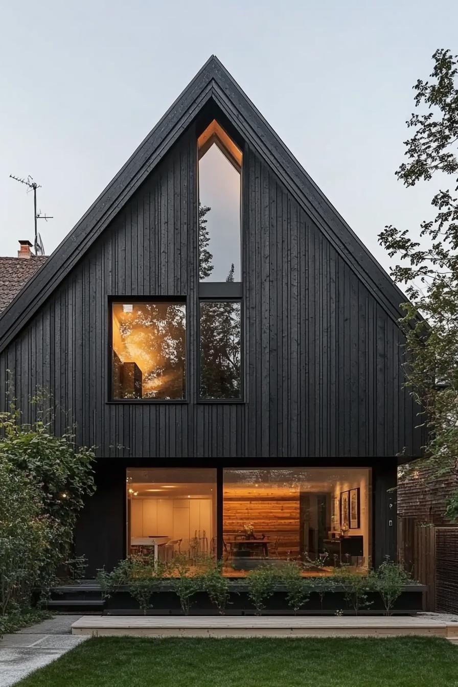 Dark modern barn house with large windows