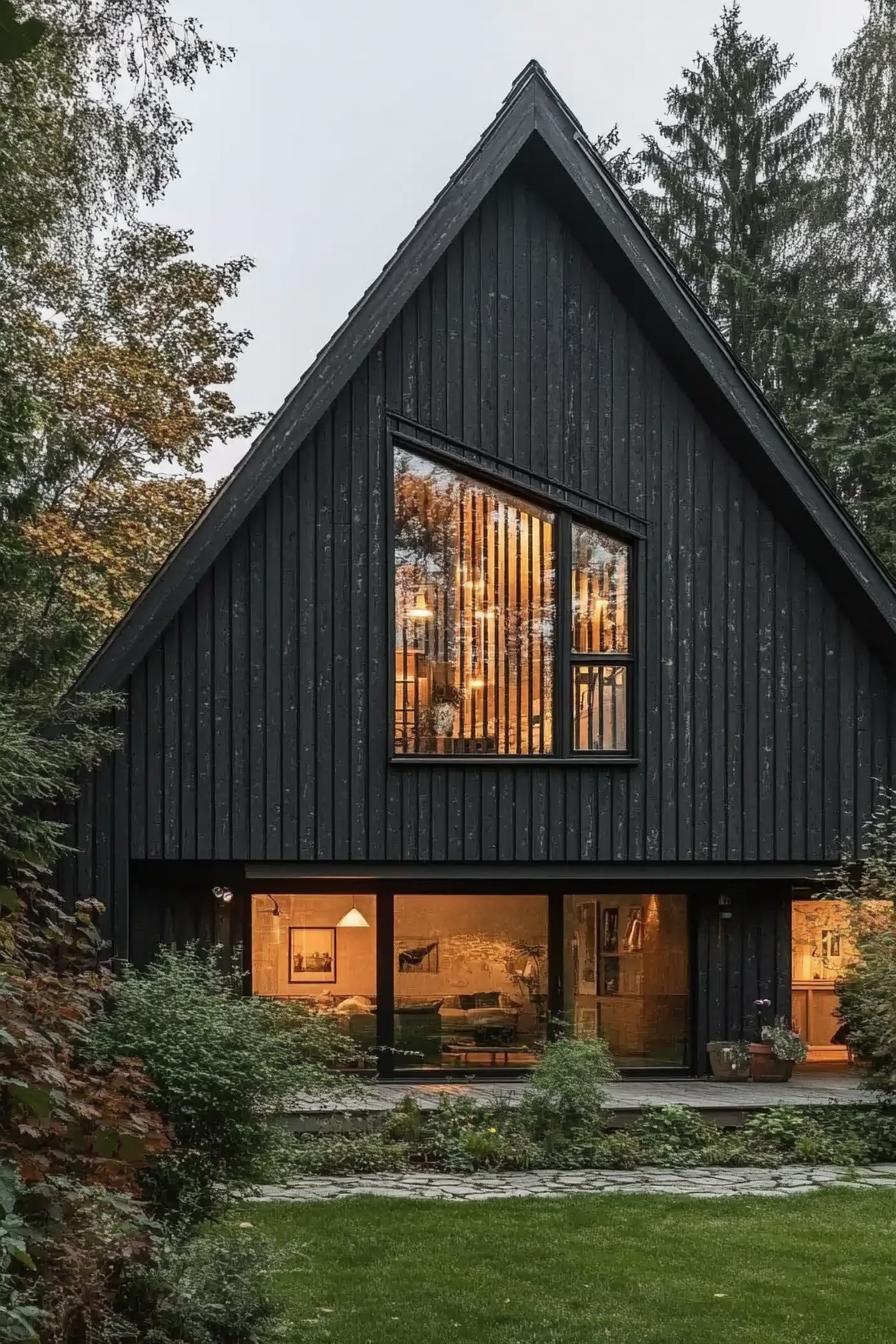 Modern black barn house with warm glowing interior