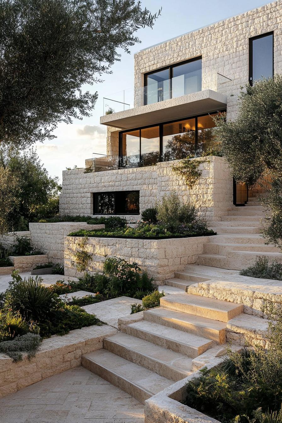 contemporary limestone mediterranean house with multi levels no roof roof terraces modern windows cascading garden with steps trees and native 1