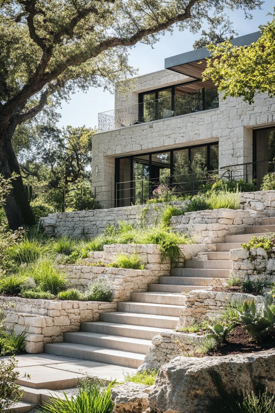 contemporary limestone mediterranean house with multi levels no roof roof terraces modern windows cascading garden with steps trees and native 2