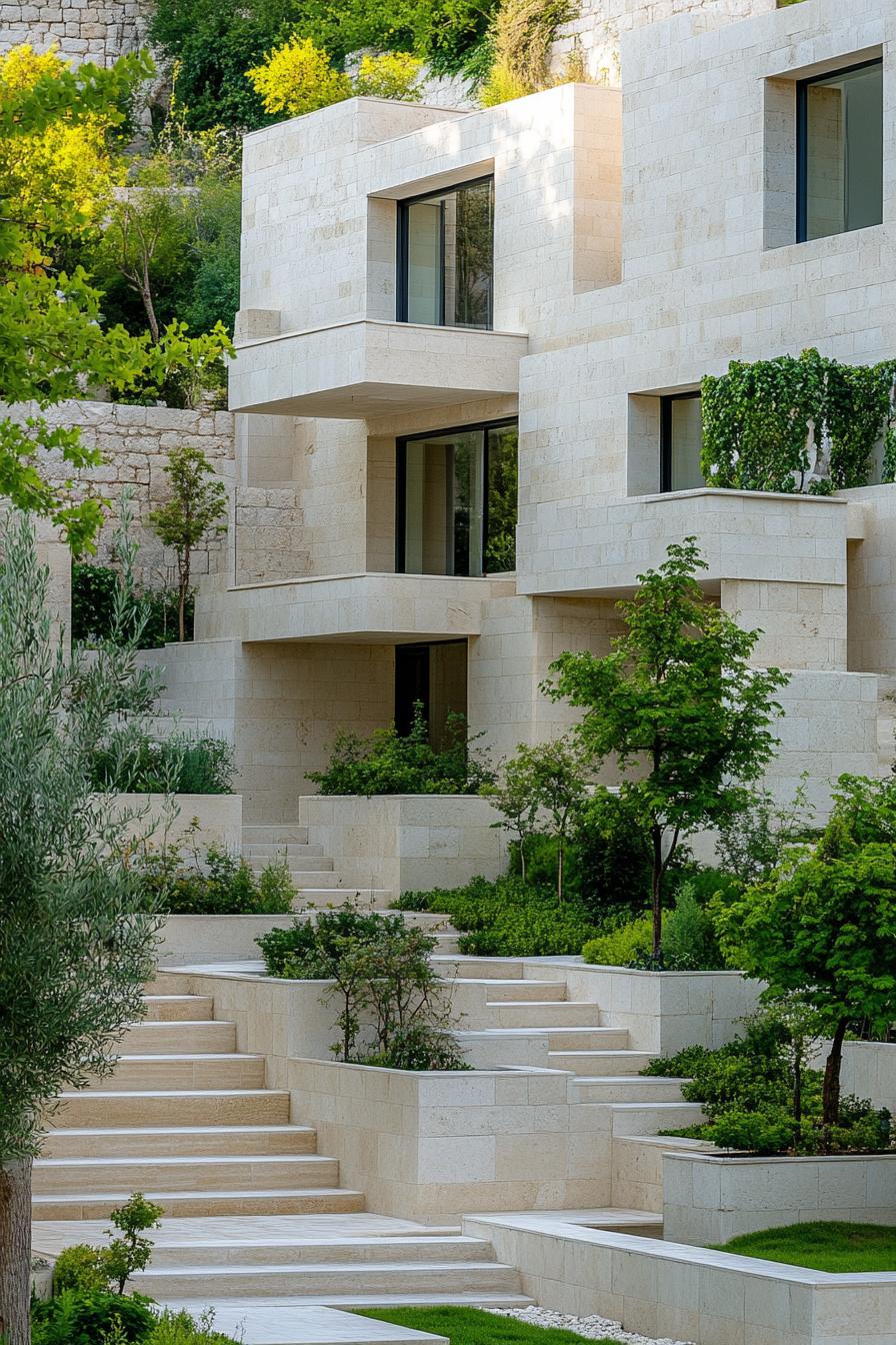 contemporary limestone mediterranean house with multi levels no roof roof terraces modern windows cascading garden with steps trees and native 3