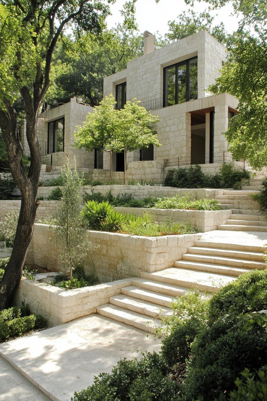 contemporary limestone mediterranean house with multi levels no roof roof terraces modern windows cascading garden with steps trees and native