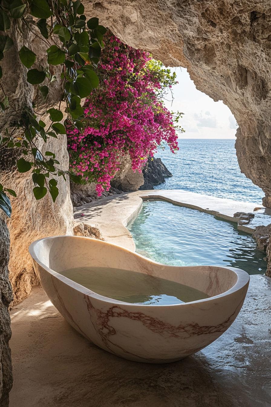 dreamy outdoor bathtub made of marble in curvy forms it is in a cave home with walls overgrown in pink flowers theres a natural cave pool and ocean 1