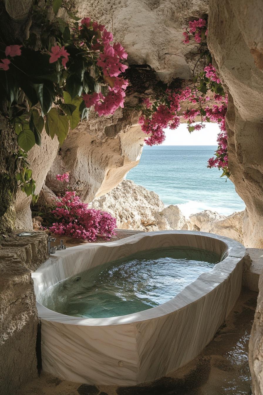 dreamy outdoor bathtub made of marble in curvy forms it is in a cave home with walls overgrown in pink flowers theres a natural cave pool and ocean