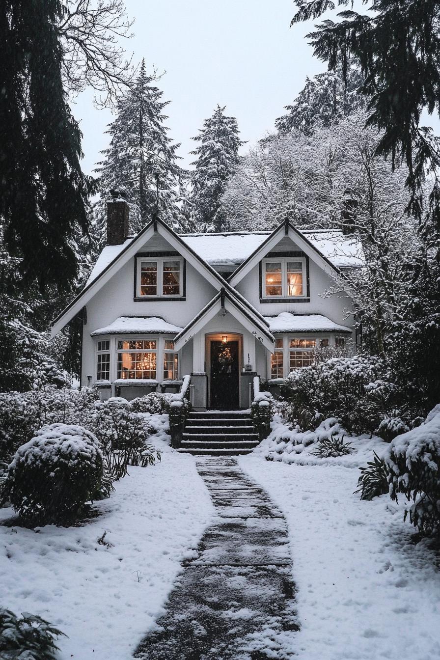 front view of a snowed in white cottage house lots of snow on multi pitch roof bay windows with white trim entrance with steps front yard snowed 1