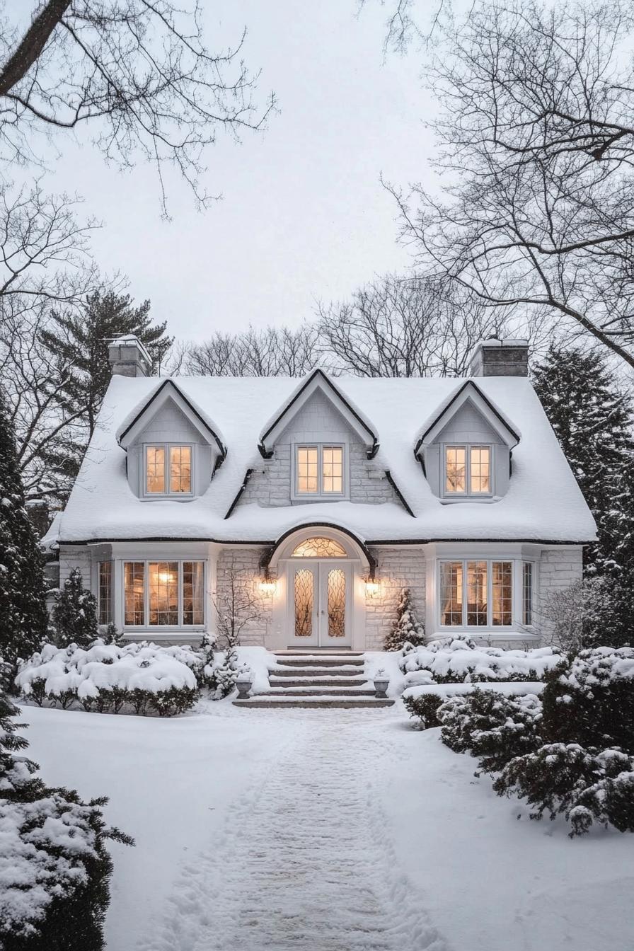 front view of a snowed in white cottage house lots of snow on multi pitch roof bay windows with white trim entrance with steps front yard snowed 2