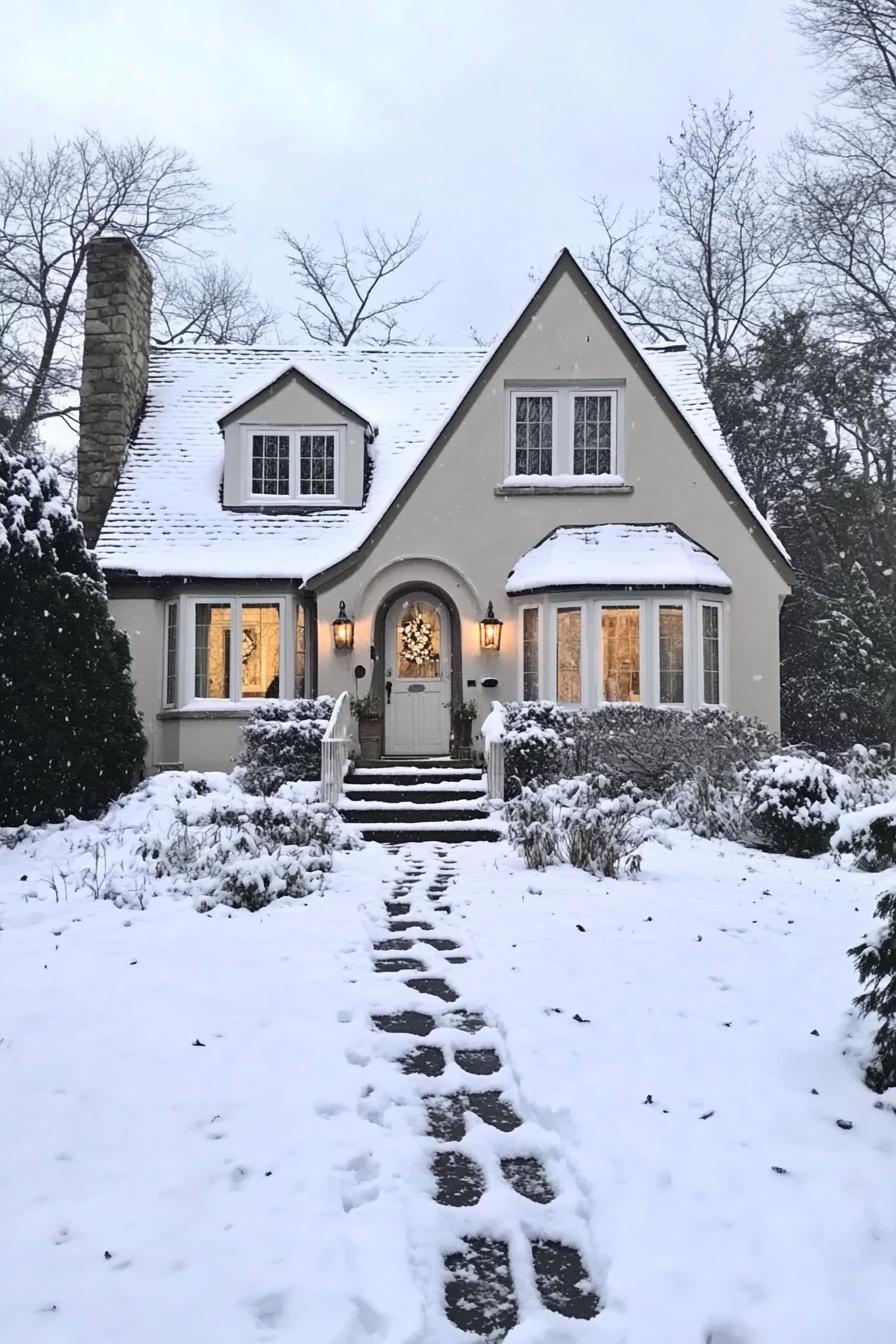 front view of a snowed in white cottage house lots of snow on multi pitch roof bay windows with white trim entrance with steps front yard snowed